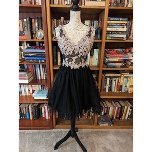 Blondie nites pink and black lace and mesh illusion bodice cocktail dress sz 7 e